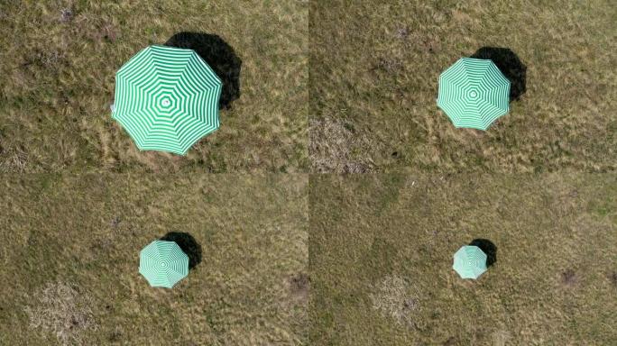 草地上绿色太阳伞的空中4k无人机视图