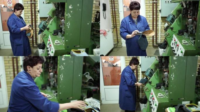 成熟的女士在机器鞋厂工作