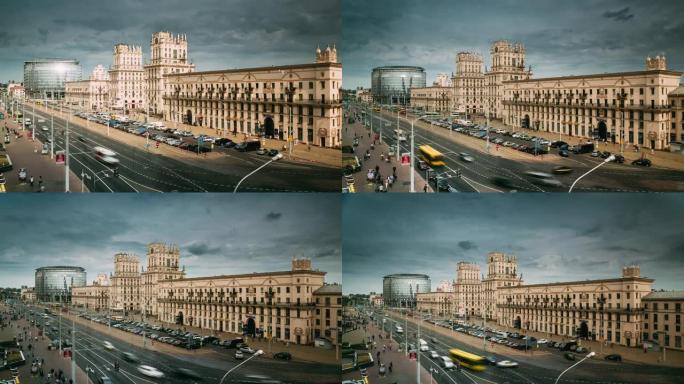 白俄罗斯明斯克。两座著名的建筑塔楼-明斯克的大门，车站广场。苏联遗产