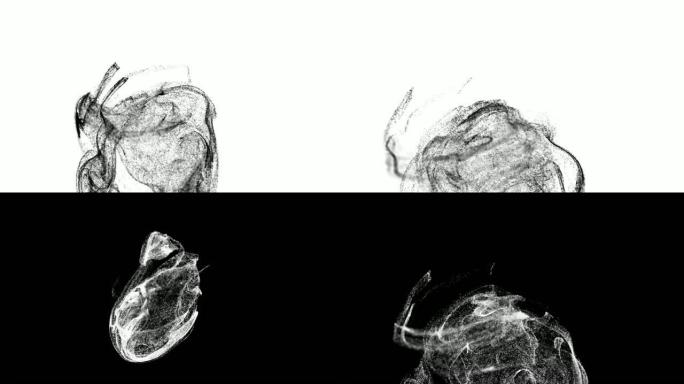 4k黑色粒子以慢动作在相机前的液体流中移动。黑色粒子的3d墨水效果，平流。使用luma matte作