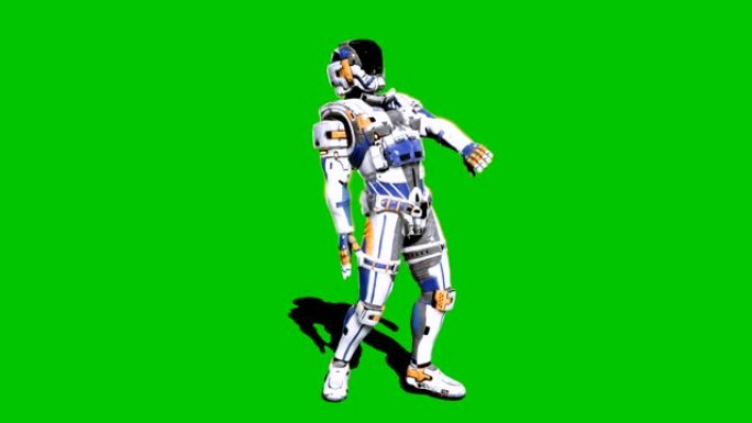 宇航员-未来的士兵，在绿屏前跳舞。循环逼真的动画。