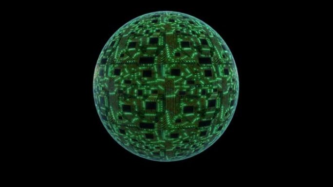 3D数字概念，带电路板和中央处理器的球体行星。数字神经网络。CPU功率纹波
