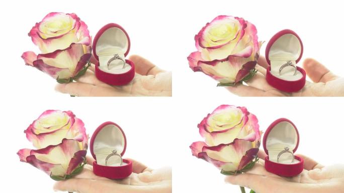 在礼品盒中展示美丽的玫瑰和戒指，呈手掌心形。