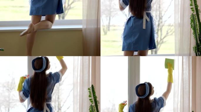 女佣清洁窗户，后视图。
