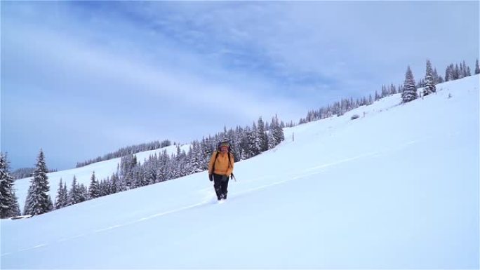 一位游客在山上的雪中漫步。