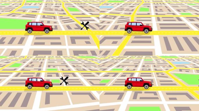 卡通红色汽车穿越城市地图与汽车维修店标志概念动画