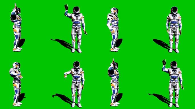 未来的宇航员士兵在绿屏前挥手。循环逼真的动画。