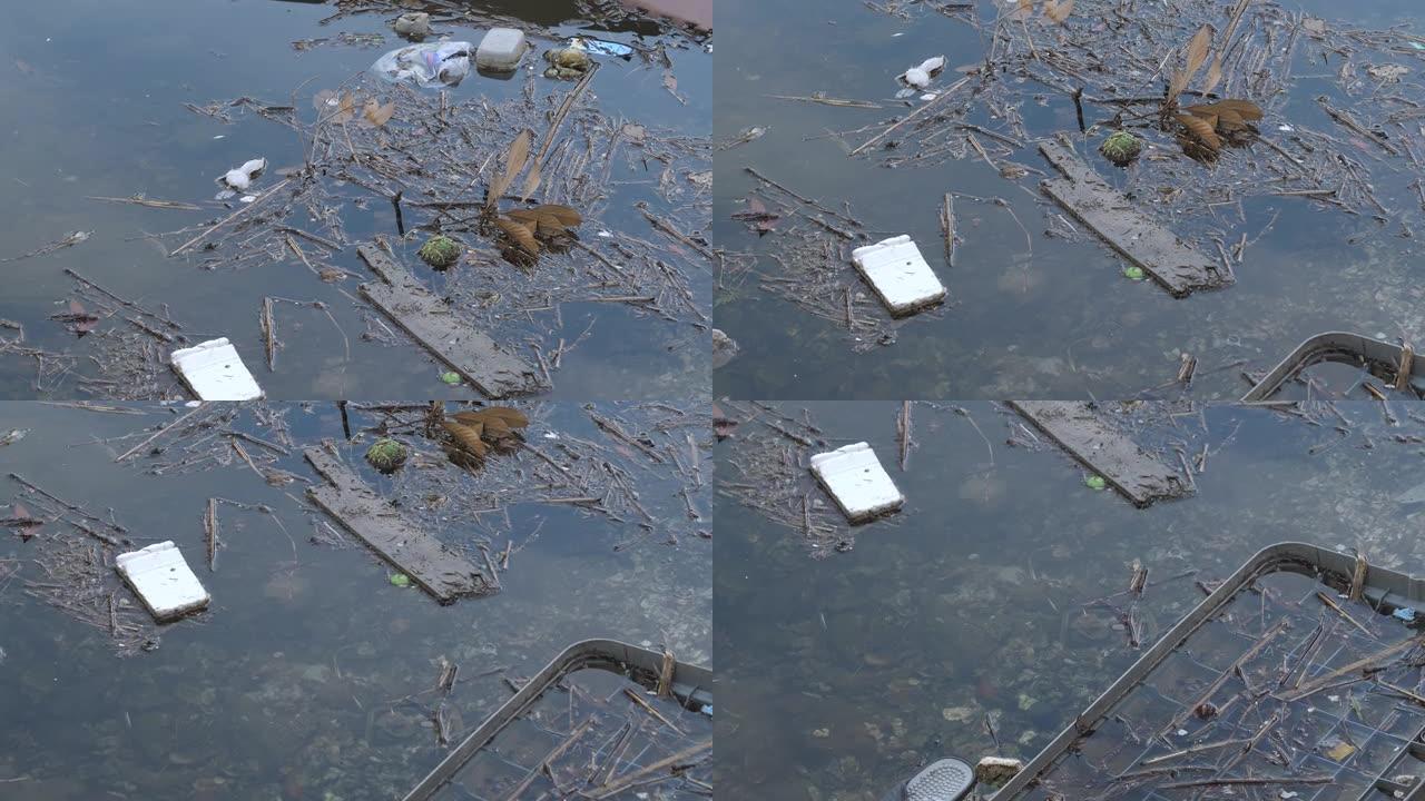 日本东京城市运河上的垃圾