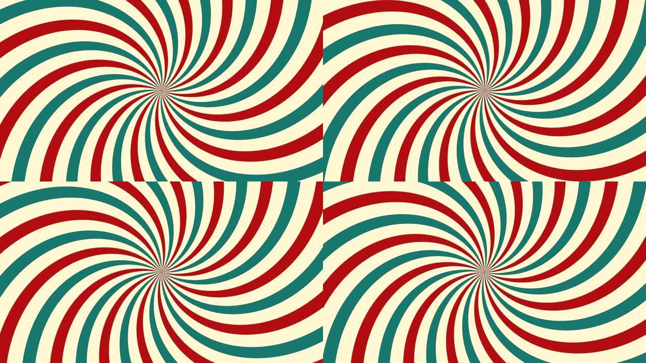 马戏团动画旋转循环红色和绿色线条条纹的背景。复古运动图形太阳光束射线。复古趣味博览会爆裂。嘉年华抽象
