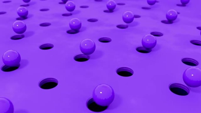 抽象的3d形状紫色球在不同的柔和颜色的孔中飞行。4k电脑渲染循环动画。