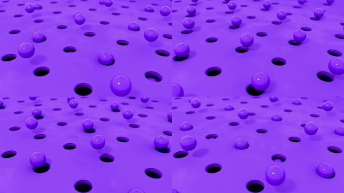 抽象的3d形状紫色球在不同的柔和颜色的孔中飞行。4k电脑渲染循环动画。