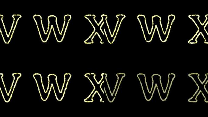 英文字母 “V W X” 的字母出现在中间，一段时间后消失。抽象孤立的字母形式的模糊假日彩色灯光。