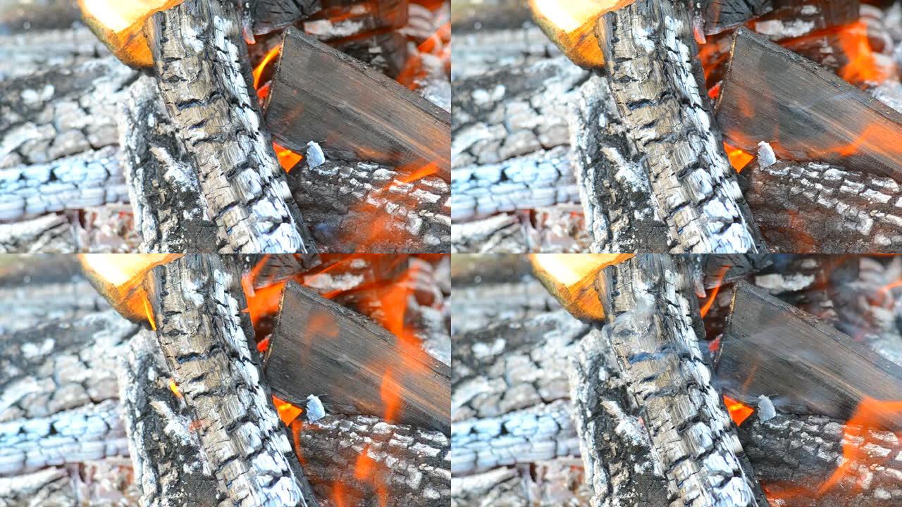 在火中燃烧的木头碎片。