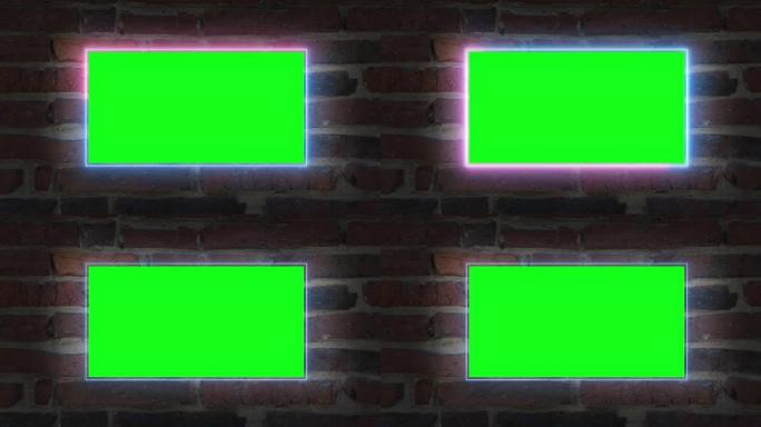 绿屏、霓虹灯、墙前的发光二极管边框。广告视频的空白屏幕。