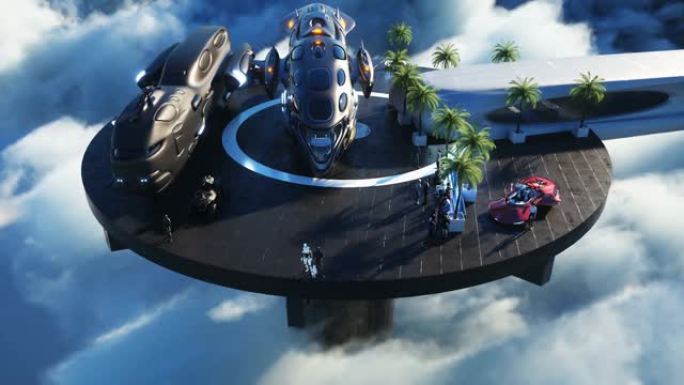 人和机器人。云层上的未来城市车站。飞行未来主义的飞船。逼真的4k动画。