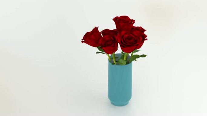 浅蓝色花瓶，五朵大红玫瑰无限旋转