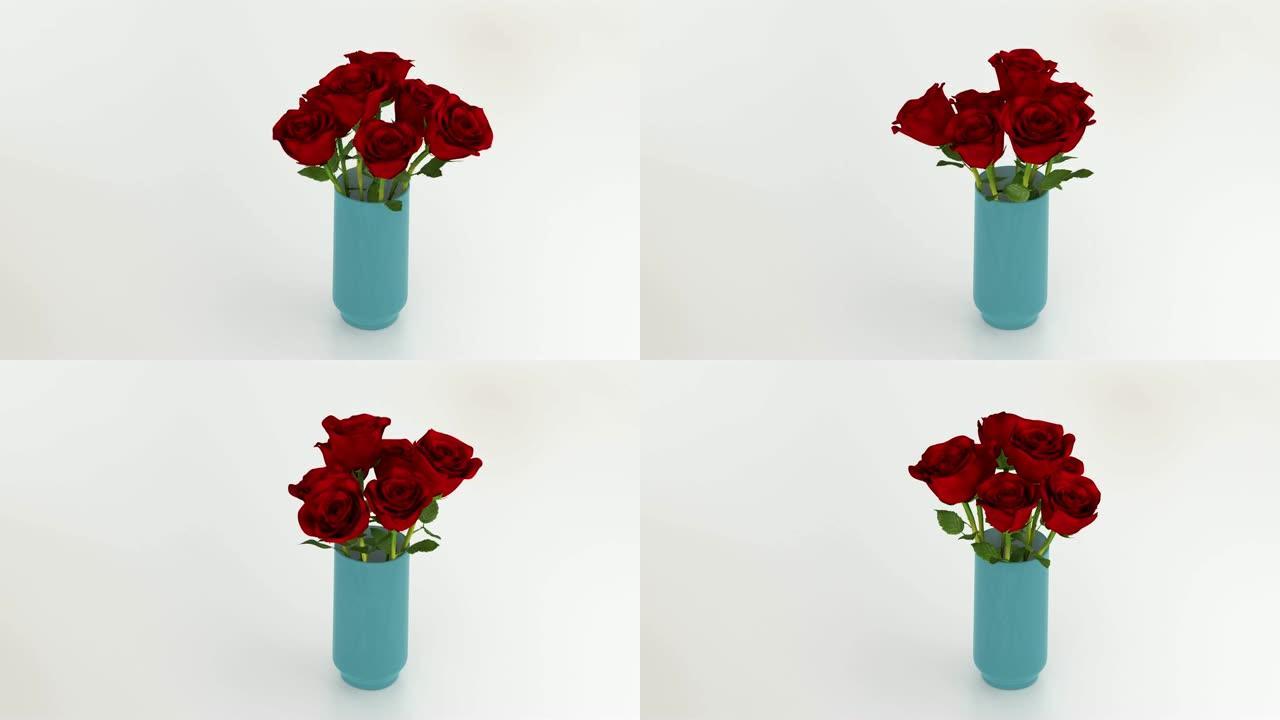 浅蓝色花瓶，五朵大红玫瑰无限旋转