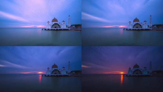 马六甲海峡漂浮清真寺的美丽日落