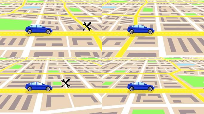 卡通蓝色汽车穿越城市地图与汽车维修店标志概念动画