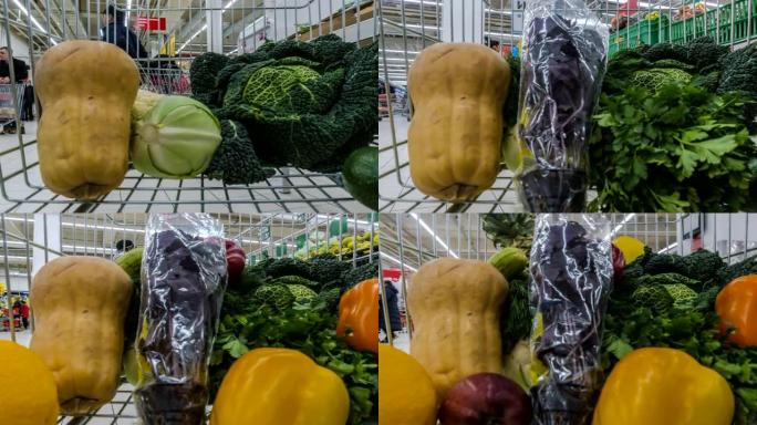 蔬菜和水果，素食健康食品，装满超市推车，延时，超延时，