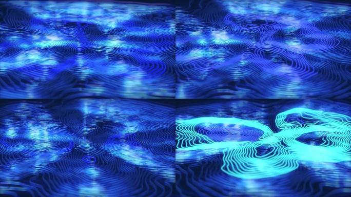蓝色变形波浪线，带有运动发光元件。景深。3D渲染循环动画