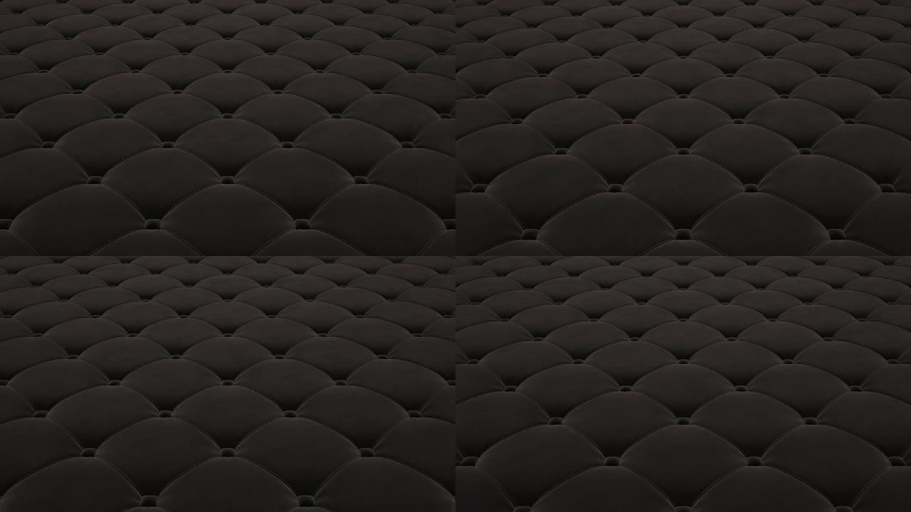黑色绗缝天鹅绒表面飞行的3D动画。循环视频。