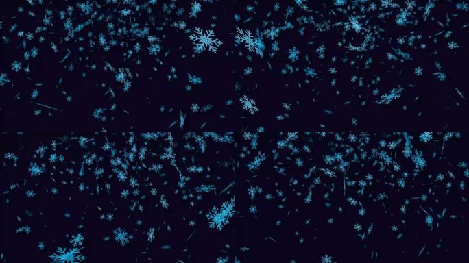 在深蓝色屏幕上飞出大大小小的浅蓝色卡通nowflakes。飘落的雪镜头。冬。以4k分辨率拍摄，每秒6