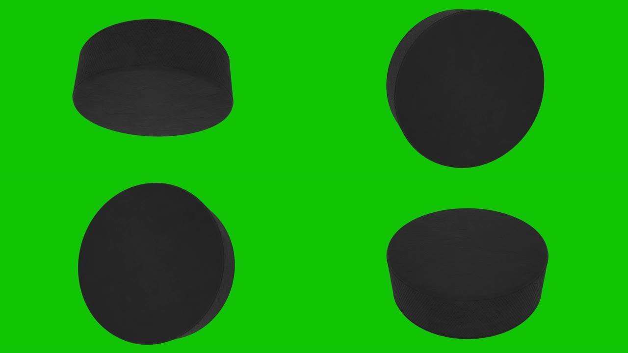 冰球在绿色屏幕上旋转的动画。循环，4K