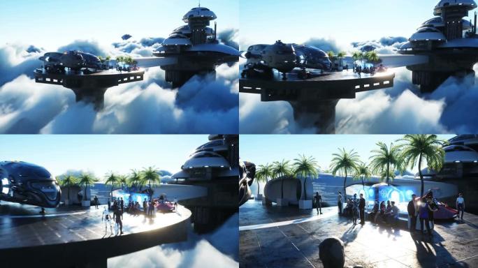 人和机器人。云层上的未来城市车站。飞行未来主义的飞船。逼真的4k动画。