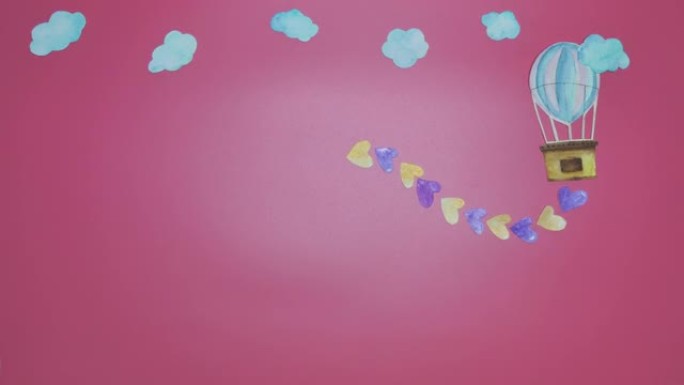 水彩画剪纸的停止运动手绘气球在粉红色的背景下飞过天空，金色和紫色的心在情人节