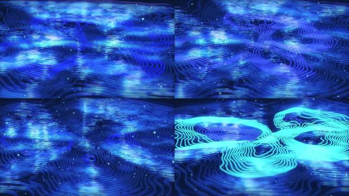 单色3d渲染抽象背景，样条上有蓝色明亮的颗粒。带辉光元件的变形波浪线