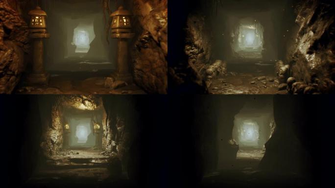 古老的巨大幻想洞穴充满了古老的文物和萤火虫的神奇雾。循环逼真的动画。
