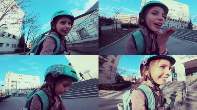 微笑的年轻女孩滑板穿过城市