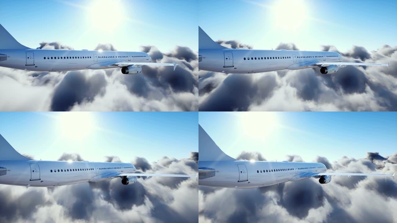 空中巴士在云中飞行。飞机。逼真的4k动画。