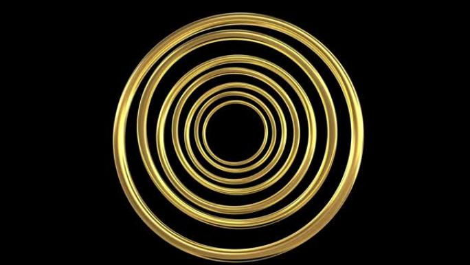 七个旋转同心金环的无缝循环动画的3D渲染