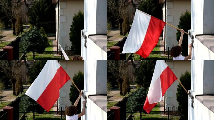 这个男孩正在悬挂一面旗帜。波兰5月3日国庆日，宪法日