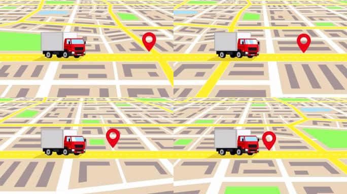 卡通红色卡车汽车穿越城市地图与汽车修理厂标志概念动画