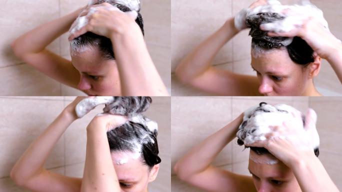 一个女人正在浴室里用香波洗头和头发。