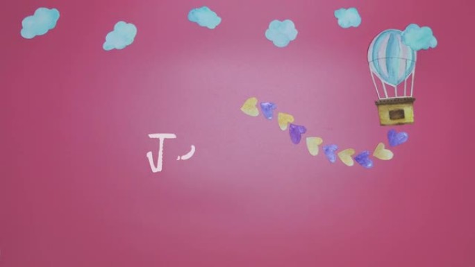 剪纸水彩手绘飞行气球在天空中的停止运动，粉色背景上有金色和紫色的心，情人节用Je t'aime措辞