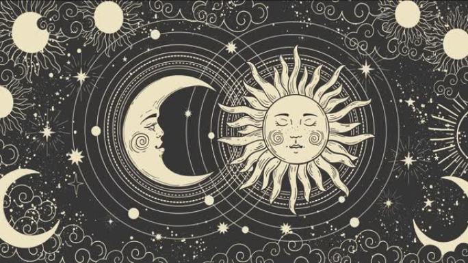 复古卡通背景为占星术，塔罗牌，魔法和神秘主义。流畅的4k视频渲染。新月和太阳的动画，在天堂的背景上有