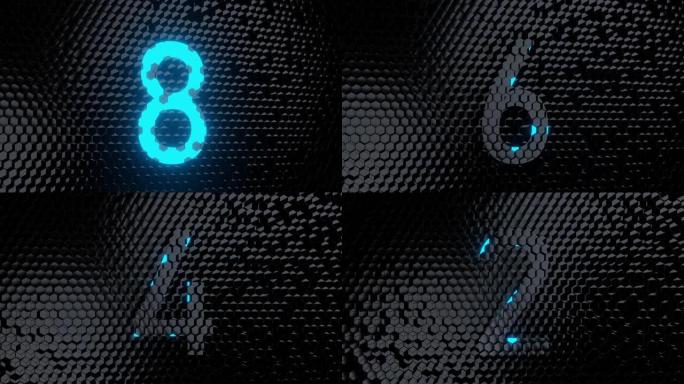 黑色六边形背景3D渲染上发光的蓝色霓虹灯倒计时10到0数字