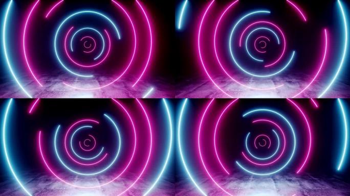 螺旋可循环霓虹灯发光荧光复古科幻未来紫色蓝色激光圆形旋转灯在黑暗垃圾混凝土反射地板空空间