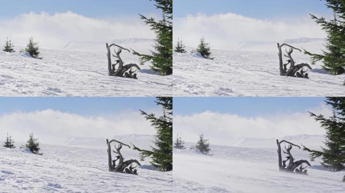 山里晴天强风扬起的雪粒