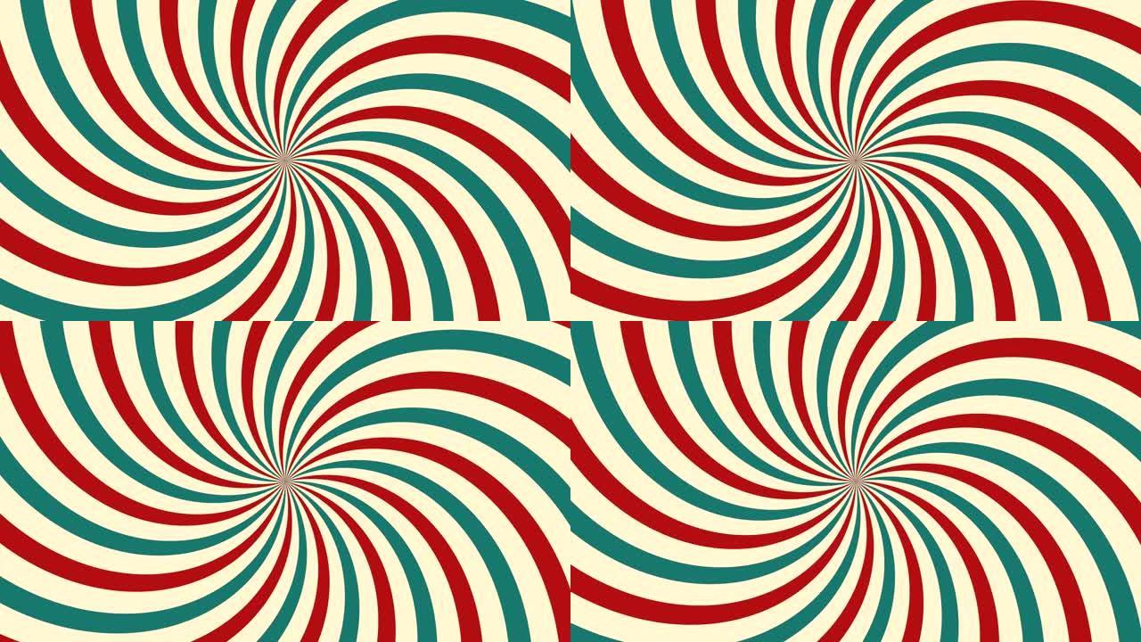 马戏团动画旋转循环红色和绿色线条条纹的背景。复古运动图形太阳光束射线。复古趣味博览会爆裂。嘉年华抽象
