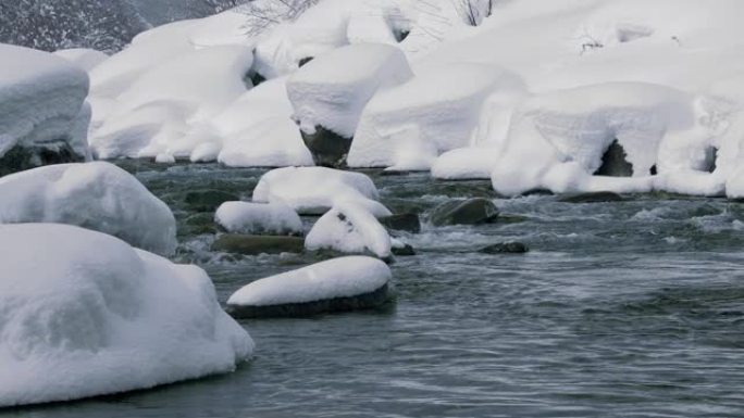 冬季风景中的雪河是日本长野美丽的自然和迷人的景色