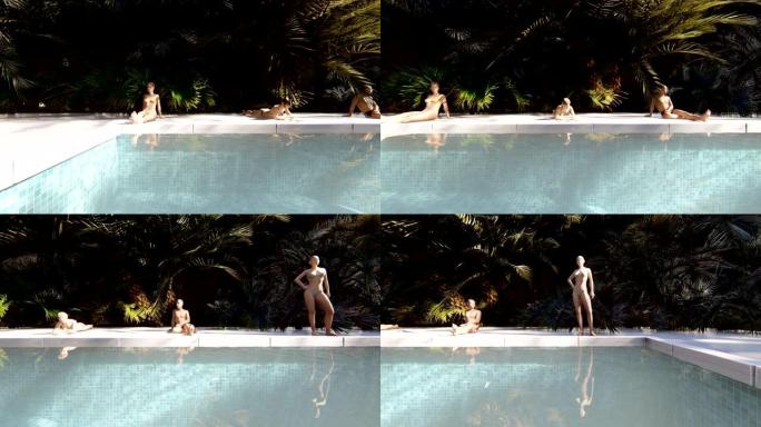 美丽的游泳池，有沐浴的人，在晴朗的晴天在一个失落的热带岛屿上。逼真的3D动画。
