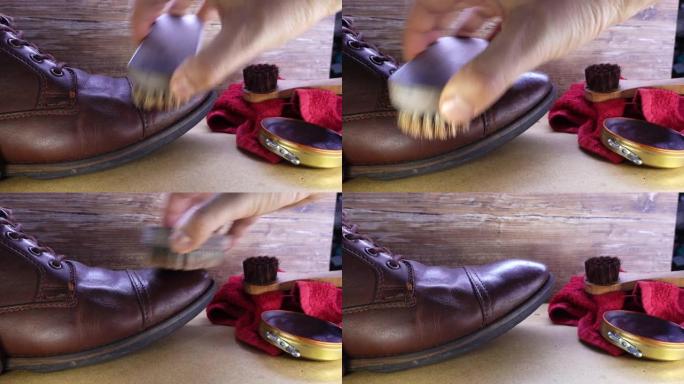 高加索男性抛光皮鞋，配有刷布和蜡的清洁套装