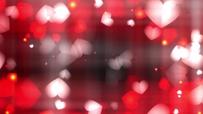发光的白色和红色的心，在红色模糊的条纹上散焦的抽象散景。4K 3D无缝循环情人节快乐动画标题预告片背