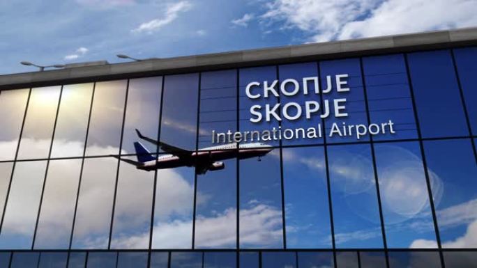 飞机降落在马其顿马其顿的斯科普里机场，在航站楼中镜像