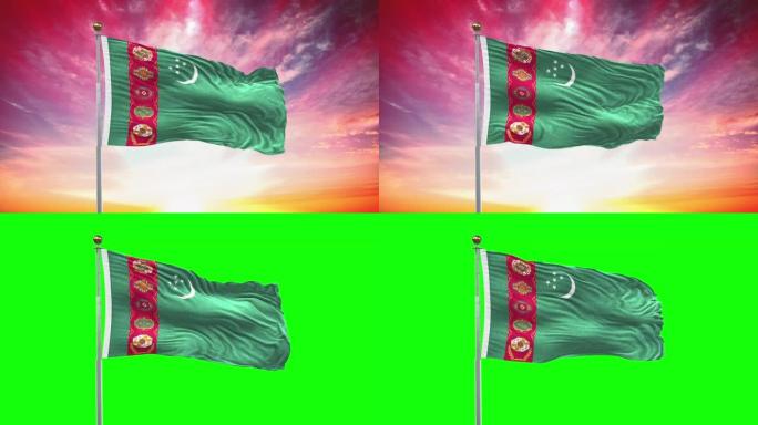 土库曼斯坦国旗，可循环，包括绿色屏幕色度键版本，在风中摇摆的慢动作动画，4K逼真的织物纹理，连续无缝